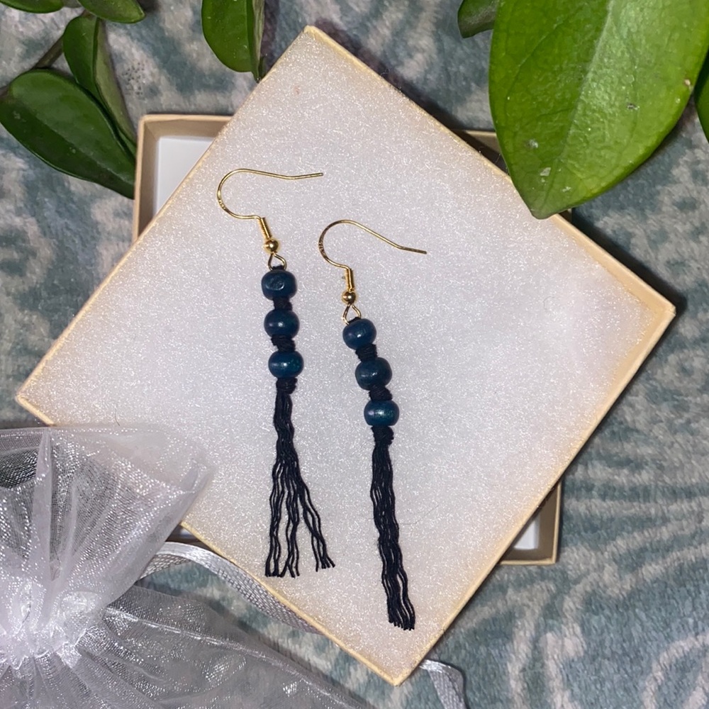Dark Navy Blue Hand Crafted Macrame Tassel Fringe Earrings Wood Beaded Accents